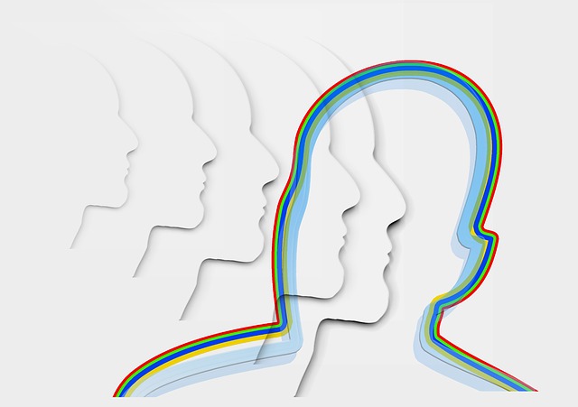 Several profiles in outline of human faces with one larger facing profile outlined in different colours in the foreground